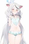  1girl absurdres animal_ears ass_visible_through_thighs bare_arms bare_shoulders bikini bikini_skirt blue_archive blue_bikini blue_halo blush braid clenched_teeth commentary_request flat_chest forehead grey_hair halo hand_on_own_chest highres kokona_(blue_archive) kokona_(swimsuit)_(blue_archive) long_hair multicolored_bikini navel official_alternate_costume official_alternate_hairstyle partial_commentary plaid_bikini plaid_clothes sainarohh solo stomach swimsuit teeth thigh_gap twin_braids two-tone_bikini very_long_hair white_bikini 