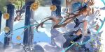  1girl absurdres amiya_(arknights) amiya_(guard)_(arknights) amiya_(guard)_(in_a_myriad_of_universes)_(arknights) animal_ears arknights armored_boots balance_scale ball bird black_skirt blue_eyes blue_flower blue_rose boots brown_hair chinese_commentary closed_mouth cloud collared_shirt column commentary_request dress floating_hair flower frilled_shirt frills hand_up highres holding_scale leaf long_hair long_sleeves multiple_views official_alternate_costume pillar rabbit_ears rabbit_girl rose sanye308 shirt sitting skirt sky standing throne upside-down very_long_hair weighing_scale white_dress white_shirt 
