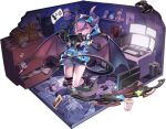  1girl artist_request black_gloves black_hair black_jacket black_socks blue_jacket controller damstor_(monmusu_td) demon_girl demon_horns demon_tail demon_wings drawer game_controller gloves hair_over_one_eye headphones headphones_around_neck holding holding_controller holding_game_controller hood hooded_jacket horns instant_cup_noodles instant_noodles jacket messy_room monitor monster_musume_td multicolored_hair multicolored_jacket official_art open_mouth panties pink_eyes pink_hair pink_socks purple_panties socks solo streaked_hair striped_clothes striped_panties striped_socks tail trash_bag two-tone_hair two-tone_jacket underwear white_panties wings 
