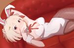  1girl animal_ears arm_behind_head arm_up armpits blonde_hair blush breasts brown_pantyhose cleavage collar commentary_request couch cowboy_shot detached_collar doka_yuki_(tsumorisugi) fake_animal_ears fishnet_pantyhose fishnets grin hair_ornament hair_ribbon hairclip hand_on_own_head hand_up highres leotard looking_at_viewer lycoris_recoil lying medium_breasts neck_ribbon nishikigi_chisato on_back on_couch pantyhose playboy_bunny rabbit_ears red_eyes red_ribbon ribbon short_hair smile solo strapless strapless_leotard swept_bangs v v_over_mouth white_collar white_leotard white_wrist_cuffs wrist_cuffs 