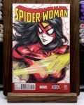  1girl art_tools_in_frame black_hair bodysuit breasts closed_mouth collarbone commentary cover_sketch english_commentary gloves highres jessica_drew large_breasts long_hair marker_(medium) marvel mask photo_(medium) red_bodysuit red_mask signature solo spider-woman stanley_lau superhero_costume traditional_media wingsuit yellow_gloves 