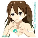  bad_id bad_pixiv_id bare_shoulders breasts brown_eyes brown_hair cleavage collarbone dress extra finger_to_mouth heart highres k-on! kouchou long_hair medium_breasts side_ponytail simple_background smile solo strap_slip taki_eri 