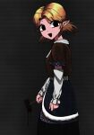  1girl alternate_eye_color arm_warmers black_background black_eyes black_skirt blonde_hair brown_shirt commentary_request cowboy_shot empty_eyes eyelashes holding holding_mallet hollow_mouth looking_at_viewer looking_to_the_side mallet mizuhashi_parsee open_mouth parted_hair pointy_ears sash shirt short_hair short_sleeves skirt smile solo static touhou white_sash yokozuna_iwashi 