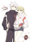  1boy 1girl black_jacket black_pants blonde_hair closed_mouth commentary_request green_eyes hair_between_eyes hand_in_pocket hands_in_pockets jacket long_hair long_sleeves looking_at_viewer maka_albarn miniskirt open_mouth pants red_eyes se_sm short_hair simple_background skirt soul_eater soul_evans standing star_(symbol) twintails white_background white_hair white_jacket 