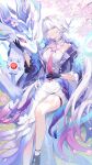  1girl absurdres anima_(honkai:_nexus_anima) bai_mei_(honkai:_nexus_anima) black_gloves breasts cherry_blossoms closed_mouth colored_tips commentary dress earrings gloves hair_intakes hair_ornament hand_up highres honkai:_nexus_anima honkai_(series) jacket jewelry large_breasts long_dress long_hair looking_at_animal minzu_u multicolored_hair petals pink_hair pink_petals purple_eyes purple_jacket seroplumanth_(honkai:_nexus_anima) sitting smile thigh_strap white_dress white_hair 