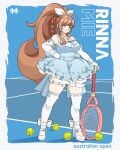  1girl ahoge back_bow ball big_hair bird_hair_ornament bloomers blue_background blue_bow blue_dress blue_eyes bow braid breasts brown_hair chest_bow collar dress elbow_gloves frilled_dress frills full_body gloves hair_bow hair_ornament hairband hand_on_own_hip hayatehayashi94 high_heels high_ponytail highres huge_bow large_breasts long_hair long_sidelocks looking_at_viewer mary_janes mie_rinna original petticoat ponytail racket ribbon-trimmed_gloves ribbon-trimmed_socks ribbon_trim shoes sidelocks simple_background smile socks standing tennis_ball tennis_court tennis_racket very_long_hair white_bow white_collar white_gloves zettai_ryouiki 