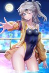  1girl absurdres antenna_hair black_one-piece_swimsuit blue_eyes breasts cleavage commentary_request competition_swimsuit grey_hair highleg highleg_one-piece_swimsuit highres jacket jewelry kasukabe_tsumugi long_hair looking_at_viewer magatama magatama_necklace medium_breasts multicolored_swimsuit necklace night one-piece_swimsuit one_eye_closed one_side_up railing smile solo spimega standing swimsuit voicevox wading water yellow_jacket 