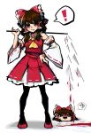  ! 1girl ascot black_pantyhose blood bow breasts brown_eyes brown_hair commentary detached_sleeves frilled_bow frilled_hair_tubes frills full_body hair_bow hair_tubes hakurei_reimu hand_on_own_hip highres iganashi1 long_hair open_mouth pantyhose red_bow red_shoes red_skirt ribbon-trimmed_sleeves ribbon_trim shaded_face shoes simple_background skirt skirt_set small_breasts smile solo speech_bubble spoken_exclamation_mark touhou translation_request white_background yellow_ascot yukkuri_shiteitte_ne 