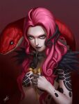  1girl anaconda animal black_lips black_nails breasts commentary demon demon_(megami_tensei) demon_girl earrings flower highres holding holding_animal holding_flower holding_snake jewelry joakofreak lilith_(megami_tensei) lily_(flower) long_hair looking_at_viewer pink_hair red_snake shin_megami_tensei shin_megami_tensei_v shin_megami_tensei_v:_vengeance simple_background snake snake_girl snake_wrapped_around_body snakeskin solo 