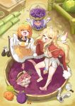  4girls absurdres apron basket blonde_hair breasts cabbage cape chibi commentary_request crepe_(trickcal) detached_wings erpin_(trickcal) fang fewer_digits food from_above fruit fur-trimmed_cape fur_trim gradient_hair grape_stomping grapes green_hair highres holding holding_basket korean_commentary kyarot_(trickcal) multicolored_hair multiple_girls open_mouth orange_hair pink_hair pleated_skirt purple_hair red_cape shoes sibeoji sideboob skirt smile socks sugarcane sweat tabard trickcal unworn_shoes unworn_socks vat white_apron white_skirt white_tabard wings yomi_(trickcal) 
