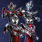  3boys alien arm_blade armor black_skin blue_background blue_eyes blue_skin blurry blurry_background breastplate chest_guard clenched_hands color_timer colored_skin commentary compound_eyes cropped_torso crystal dark_persona darramb dorsal_fin facial_mark fighting_stance forehead_jewel form_change gauntlets giant giant_male glowing glowing_eyes grey_skin hands_up hanejidyna86 head_tilt highres hudra looking_at_viewer looking_down male_focus multicolored_skin multiple_boys multiple_forms muscular muscular_male no_mouth no_pupils open_hand pectorals pointy_ears purple_skin red_skin shoulder_armor silver_skin tokusatsu toned toned_male tsurime twitter_username two-tone_skin ultra_series ultraman_tiga ultraman_tiga:_the_final_odyssey ultraman_tiga_(series) ultraman_tiga_(tiga_blast) ultraman_tiga_(tiga_tornado) upper_body weapon white_eyes wrinkled_skin yellow_eyes 