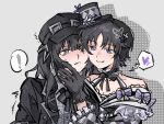  ! 2girls bare_shoulders black_choker black_gloves black_hair black_hat butterfly_hair_ornament cheek-to-cheek chinese_commentary choker commentary_request daoxiao057621 drop_shadow gloves grey_background grey_eyes hair_ornament hand_on_another's_chin hat heads_together heart highres housho_margo japanese_clothes kurobe_nanoka lolita_fashion long_hair long_sleeves looking_at_another mahou_shoujo_no_majo_saiban mini_hat mini_top_hat multiple_girls neck_ribbon parted_bangs purple_eyes ribbon short_hair smile speech_bubble spoken_exclamation_mark spoken_heart sweatdrop top_hat twintails upper_body wa_lolita 