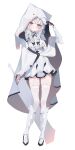  1girl :t absurdres animal_hood anparu armored_boots black_eyes black_gloves black_ribbon blush boots braid buttons cape cat_hood commentary_request cropped_shirt crossed_bangs double-breasted double-parted_bangs full_body gloves gradient_eyes greatsword grey_hair hair_ribbon hand_on_own_hat high-waist_skirt high_collar highres holding holding_sword holding_weapon hood hood_up hooded_cape jitome knees_together_feet_apart layered_skirt looking_at_viewer miniskirt multicolored_eyes original pigeon-toed pink_eyes pout ribbon shiny_skin shirt simple_background skindentation skirt solo standing suspenders sword thighhighs twin_braids vambraces weapon white_background white_cape white_shirt white_skirt white_thighhighs zettai_ryouiki 