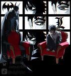  2boys artist_name bags_under_eyes bat_mask batman batman_(series) batman_symbol belt black_hair bodysuit dc_comics death_note denim grey_bodysuit highres jeans l_(death_note) male_focus multicolored_bodysuit multicolored_suit multiple_boys nightfar pants signature superhero_costume taut_bodysuit taut_clothes twitter_username two-tone_bodysuit two-tone_suit utility_belt 