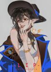  1girl absurdres arknights bare_shoulders black_hair black_hat blue_jacket bracelet chinese_commentary commentary_request creature creature_on_shoulder dress earrings entelechia_(arknights) entelechia_(dazzling_blue)_(arknights) flower_earrings grey_background hair_between_eyes hand_to_own_mouth hand_up hat highres jacket jewelry looking_to_the_side mole mole_under_eye nail_polish official_alternate_costume on_shoulder pointy_ears red_eyes red_lips red_nails sanye308 simple_background smile solo upper_body white_dress 