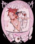  1girl absurdres armpit_hair bandaid carmine3 cigarette_butt comb commentary english_commentary eyeball gloves hair_dye highres holding holding_paintbrush mirror original paintbrush phone red_eyes red_paint revision solo star_(symbol) tile_wall tiles toothpaste towel white_gloves 