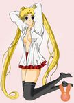  1girl bishoujo_senshi_sailor_moon blonde_hair blue_eyes cencored long_hair lowres niplees no_bra open_clothes open_shirt panties sexy shirt skirt solo thighhighs tsukino_usagi twintails usagui 