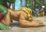  4boys ? agumon anal animal_ears claws colored_skin completely_nude cum digimon digimon_adventure ejaculation forest furry furry_male gabumon grey_skin highres leomon lion_boy lion_ears lion_mane lion_tail male_focus monster_boy multiple_boys nature nude ogre on_floor open_mouth orgemon outdoors penis pulling_tail red_eyes speech_bubble sweat tail tree x6udpngx yaoi yellow_skin 