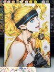  1girl art_tools_in_frame black_gloves blonde_hair blue_eyes commentary english_commentary fiery_hair fingerless_gloves gloves highres holding looking_at_viewer marker_(medium) open_mouth photo_(medium) ring_(ring_fit_adventure) ring_fit_adventure ring_fit_trainee_(female) signature sleeveless stanley_lau teeth traditional_media upper_body upper_teeth_only 