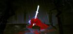  1boy all_fours blood blood_on_weapon blood_splatter coat crawling dante_(devil_may_cry) devil_may_cry_(series) devil_may_cry_3 fsuusux glowing glowing_sword glowing_weapon highres impaled katana rain red_coat solo sword weapon white_hair yamato_(sword) 