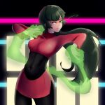  1girl black_hair blunt_bangs bodystocking bodysuit bodysuit_under_clothes breasts collarbone commentary english_commentary gloves green_hair highres hime_cut jacket kaerujj long_hair long_sleeves medium_breasts pencil_skirt pokemon pokemon_firered_and_leafgreen red_eyes sabrina_(pokemon) side_slit skirt solo straight_hair turtleneck turtleneck_jacket white_gloves 