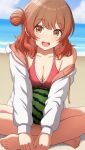  1girl bare_legs bare_shoulders barefoot beach bikini blue_sky breasts brown_eyes brown_hair cleavage cloud cloudy_sky collarbone commentary_request contamination_(contami0813) facing_viewer food fruit gakuen_idolmaster hair_bun hanami_ume highres holding holding_food holding_fruit idolmaster jacket jacket_partially_removed legs_folded looking_at_viewer medium_breasts medium_hair ocean open_mouth pull_cord red_bikini shadow single_side_bun sky smile solo swimsuit unzipped watermelon white_jacket 