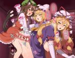  3girls absurdres animal_ear_fluff animal_ears bar_censor blonde_hair blush bow breasts brown_eyes brown_hair cat_ears cat_girl cat_tail censored chen clothed_sex commentary_request cum cum_in_pussy doggystyle dress elbow_gloves erection futa_with_female futanari gloves green_hat hair_bow hat highres indoors internal_cumshot large_breasts long_hair long_sleeves looking_at_another mob_cap mooui multiple_girls multiple_tails nipples open_mouth penis purple_dress red_bow sex sex_from_behind short_hair speech_bubble tail touhou translation_request two_tails white_gloves white_hat x-ray yakumo_ran yakumo_yukari yellow_eyes 