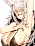 1girl absurdres alternate_costume animal_ears arm_up armpit_focus armpits bare_shoulders bikini biwa_hayahide_(umamusume) black_bikini blush breasts cleavage commentary_request grey_hair highres horse_ears horse_girl huge_breasts korean_commentary long_hair looking_at_viewer minew open_mouth presenting_own_armpit red-framed_eyewear sideboob solo sweat sweaty_armpits swimsuit umamusume yellow_eyes 
