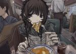  1girl absurdres bags_under_eyes black_eyes bracelet brown_hair camisole chain chain_bracelet chair cup dot_nose drinking_straw eating face_piercing food fork frilled_hairband frills green_shirt gudon_udon hairband highres holding holding_fork holding_knife ice_cream indoors jewelry knife maple_syrup medium_hair mouth_piercing original pancake people picture_frame piercing plaid_clothes plaid_shirt plant plate potted_plant pov_across_table puffy_short_sleeves puffy_sleeves restaurant ring shirt short_sleeves sideways_glance sitting sprinkles syrup tile_floor tiles white_camisole window 