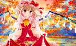  apple ascot blonde_hair blush flandre_scarlet food fruit grapes hat leaf maple_leaf mushroom navel pear red_eyes skirt skirt_basket skirt_hold smile solo touhou tree wings yakumo_shibata 