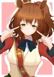  1girl absurdres animal_ears aston_machan_(flare)_(umamusume) aston_machan_(umamusume) black_bow black_bowtie blush bow bowtie breasts brown_hair closed_mouth collared_shirt commentary_request crown green_eyes hair_ornament hair_scrunchie highres horse_ears horse_girl jacket large_breasts long_sleeves looking_at_viewer mini_crown pointing pointing_at_self red_sash red_scrunchie red_sleeves sash scrunchie shirt shoulder_sash smile solo suiho_(pokkeish49n) tilted_headwear umamusume white_jacket white_shirt 
