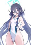  1girl absurdres aris_(blue_archive) aris_(c108_swimsuit)_(blue_archive) black_hair blue_archive blue_eyes blue_halo commentary_request competition_swimsuit double-parted_bangs double_bun hair_between_eyes hair_bun halo highleg highleg_one-piece_swimsuit highres hino_kagutsuki long_hair_between_eyes looking_at_viewer loosely_tucked_bangs millennium_science_school_logo multicolored_one-piece_swimsuit one-piece_swimsuit rectangular_halo ringed_eyes self_wedgie smile solo swimsuit two-tone_one-piece_swimsuit two-tone_swimsuit wedgie white_one-piece_swimsuit 