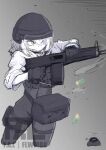  1girl aa-12 ammunition belt_pouch black_gloves c-clamp combat_helmet commentary_request f.a.l face_shield firing gloves grey_eyes gun helmet highres hood hoodie original pouch shell_casing shotgun shotgun_shell thigh_pouch weapon white_hair white_hoodie 