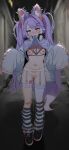  1girl absurdres ahoge animal_ears blush breasts breasts_out censored cleft_of_venus clothes_lift commentary_request exhibitionism fox_ears garter_straps highres jitome korean_commentary nipples official_alternate_costume official_alternate_hairstyle oversized_clothes public_indecency pussy remono remote_control_vibrator sex_toy shirt_lift single_thighhigh small_breasts stellive tenko_shibuki thighhighs twintails twitching vibrator vibrator_cord virtual_youtuber 