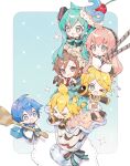  >_< +_+ 2boys 4girls aqua_eyes aqua_hair blonde_hair blue_eyes breasts brown_hair chibi chibi_only commentary cum cum_on_body cum_on_breasts detached_sleeves food hatsune_miku heart heart-shaped_pupils highres kagamine_len kagamine_rin kaito_(vocaloid) megurine_luka meiko_(vocaloid) multiple_boys multiple_girls niwako oversized_food oversized_object oversized_spoon parfait pink_hair siblings symbol-shaped_pupils twins twintails untranslatable_commentary vocaloid 