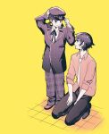  2girls absurdres blue_hair borrowed_clothes child collared_shirt doujima_nanako hat highres multiple_girls necktie newsboy_cap oversized_clothes oversized_shirt ovvoi persona persona_4 reverse_trap shirogane_naoto shirt short_hair simple_background smile tomboy yellow_background 