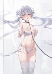 1girl :o absurdres animal_collar blush bra bra_pull bracelet breasts chain chain_leash chinese_commentary clothes_pull collar commentary_request earrings feet_out_of_frame floating_hair grey_eyes grey_hair hair_intakes hair_ornament henzer highres jewelry lace-trimmed_thighhighs lace_trim leash long_hair looking_at_viewer medium_breasts navel nipples open_mouth original panties pulling_own_clothes shower_(place) side-tie_panties single_earring solo standing steam thighhighs tile_wall tiles twintails underwear underwear_only very_long_hair water_drop wet wet_clothes wet_panties white_bra white_panties white_thighhighs 