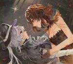  2girls absurdres bare_shoulders black_jacket breasts brown_dress brown_hair cleavage collar commentary dancing dark_background detective_(silver_palace) dress drill_hair english_commentary falling_petals feathers female_detective_(silver_palace) gloves green_eyes hair_ornament half_gloves hat highres jacket light_particles long_hair long_sleeves looking_at_another multiple_girls orange_eyes petals ponytail purple_hair quinny_il red_rose_(silver_palace) short_hair silver_palace smile sparkle 