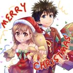  1boy 1girl :d asymmetrical_bangs bare_shoulders black_hair blue_eyes bow bowtie box brown_eyes brown_hair christmas closed_mouth collarbone collared_shirt commentary cowboy_shot dated_commentary dress fang gift gift_bag gift_box green_necktie grin hat holding holding_gift incoming_gift jacket kamijou_touma light_blush looking_at_viewer medium_hair merry_christmas misaka_mikoto necktie pants red_dress red_jacket red_pants santa_costume santa_dress santa_hat shirt short_hair skin_fang sleeveless sleeveless_dress smile spiked_hair strapless strapless_dress striped_clothes striped_necktie toaru_majutsu_no_index tobe! two-tone_necktie upper_body v-shaped_eyebrows white_background white_shirt 