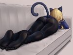  1girl animal_ears ankle artist_name ass black_pantyhose blonde_hair blue_jacket cat_ears cat_girl cat_tail commentary couch english_commentary facing_away feet from_behind highres huge_ass_lying_on_couch_pose_(meme) jacket long_hair lying meme no_shoes on_couch on_stomach panties panties_under_pantyhose pantyhose perrine_h._clostermann seraziel soles solo strike_witches tail toes underwear world_witches_series 