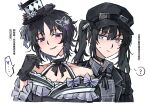 2girls bare_shoulders black_choker black_gloves black_hair black_hat black_ribbon butterfly_hair_ornament chinese_commentary chinese_text choker closed_mouth commentary_request daoxiao057621 gloves goggles goggles_on_headwear grey_eyes hair_between_eyes hair_ornament hand_up hat highres housho_margo japanese_clothes kurobe_nanoka lolita_fashion long_hair looking_at_viewer mahou_shoujo_no_majo_saiban mini_hat mini_top_hat multiple_girls neck_ribbon open_mouth parted_bangs purple_eyes ribbon short_hair simple_background smile speech_bubble sweatdrop top_hat translation_request twintails upper_body wa_lolita white_background 
