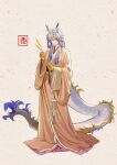  1boy absurdres alternate_costume alternate_hairstyle arknights blonde_hair blue_eyes blue_hair chinese_clothes chinese_commentary commentary_request dragon_girl dragon_horns dragon_tail eastern_dragon_horns eastern_dragon_tail full_body gradient_hair grey_hair hanfu highres holding horns jade_(gemstone) jewelry long_hair long_sleeves looking_at_viewer male_focus multicolored_hair pointy_ears red_pupils shu_(arknights) smile solo standing streaked_hair tachi-e tail wheat white_hair wide_sleeves wu_jiu yaopei zhijupao 