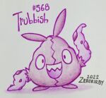  arm_up artist_name commentary dated english_commentary full_body highres monochrome no_humans open_mouth pokedex_number pokemon pokemon_(creature) pokemon_focus purple_theme sharp_teeth smile solo teeth traditional_media trubbish upper_teeth_only white_background zerokirbyarts 