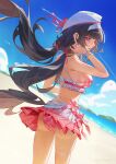  1girl beach beret bikini bikini_skirt black_hair blue_sky breasts bright_pupils chisa_(peach_parfait)_(wuthering_waves) chisa_(wuthering_waves) commentary hairband hat highres long_hair looking_at_viewer looking_back maoxfhan medium_breasts official_alternate_costume official_alternate_hairstyle outdoors parted_lips pink_bikini pink_ribbon plaid_bikini plaid_clothes red_eyes ribbon sky solo swimsuit white_hairband white_hat white_pupils wuthering_waves 
