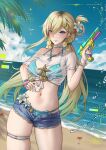  1girl aqua_bikini aqua_nails bikini bikini_bottom_under_shorts bikini_top_under_shirt bikini_under_clothes blonde_hair blue_sky braid braided_bangs breasts closed_mouth colored_tips commentary day denim denim_shorts english_commentary fingernails fruit_earrings green_hair hair_between_eyes hair_ornament hand_on_own_hip highres holding holding_water_gun long_fingernails looking_at_viewer low_twintails lynae_(peppermint)_(wuthering_waves) lynae_(wuthering_waves) multicolored_hair nail_polish navel ocean official_alternate_costume open_fly outdoors purple_eyes ryuuneart see-through_clothes see-through_shirt shirt shorts skindentation sky smile solo stomach swimsuit thigh_strap twintails water_gun white_shirt wuthering_waves 