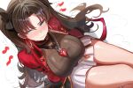  0nineo9 1girl absurdres black_gloves black_shirt blue_eyes blush breasts brown_hair closed_mouth commentary earrings fate/stay_night fate_(series) gloves hair_ribbon highres honkai:_star_rail honkai_(series) hoop_earrings jacket jewelry large_breasts long_hair long_sleeves looking_at_viewer necklace parted_bangs red_jacket ribbon rin's_pendant_(fate) shirt skirt solo thighs tohsaka_rin tohsaka_rin_(honkai:_star_rail) two_side_up white_skirt 