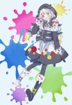  1girl :d asymmetrical_footwear beret black_hat black_jacket black_pantyhose black_shoes blue_bow bow collared_shirt colored_tips commentary_request contrast_collar footwear_bow full_body green_bow hair_bow hat heterochromia highres holding holding_spray_can jacket jacket_partially_removed jogasaki_noah long_hair long_sleeves looking_at_viewer m_picture29 mahou_shoujo_no_majo_saiban mismatched_footwear multi-tied_hair multicolored_hair neck_ribbon off_shoulder open_mouth paint_stains paintbrush pantyhose polka_dot polka_dot_bow polka_dot_skirt red_bow red_eyes ribbon shirt shoes skirt sleeve_bow smile solo spray_can streaked_hair white_background white_hair white_shirt white_shoes yellow_bow yellow_eyes 