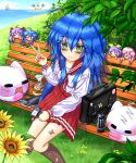  1girl 75uyo1_ayum1 :3 absurdres ahoge bag bandaid bandaid_on_leg bandaid_on_thigh bench black_bag black_socks blue_eyeliner blue_hair breasts can cat character_doll closed_mouth commentary crossed_bandaids day doll drink_can english_commentary eyeliner feet_out_of_frame flower grass green_eyes hair_between_eyes handheld_game_console highres hiiragi_kagami hiiragi_tsukasa holding izumi_konata kneehighs long_sleeves looking_at_viewer lucky_star makeup medium_breasts microsoft_windows miniskirt mole mole_under_eye monster_energy ocean on_bench osu! outdoors playstation_portable pleated_skirt red_sailor_collar red_skirt ryouou_school_uniform sailor_collar school_bag school_uniform self-upload serafuku shirt shirt_tucked_in sitting skirt sky smile socks solo star_(symbol) star_in_eye sunflower symbol_in_eye takara_miyuki torn_clothes torn_socks twitter_username v water watercraft white_shirt winter_uniform wooden_bench yellow_flower 
