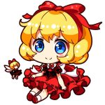  1girl back_bow black_shirt blonde_hair blue_eyes bow bowtie chibi chibi_only closed_mouth collared_shirt commentary hair_ribbon looking_at_viewer lowres medicine_melancholy one-hour_drawing_challenge puffy_short_sleeves puffy_sleeves red_bow red_bowtie red_ribbon red_shoes red_skirt renren_(ah_renren) ribbon ribbon-trimmed_skirt ribbon_trim shirt shoes short_hair short_sleeves simple_background skirt smile socks solo su-san touhou white_background white_bow white_socks 