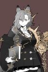  1girl animal_ear_fluff animal_ears arknights armor ascot book brown_background chinese_commentary closed_mouth coat commentary_request cowboy_shot dress earrings frilled_dress frills gauntlets gold_armor hair_behind_ear hair_between_eyes hair_over_shoulder highres holding holding_book jewelry long_hair long_sleeves looking_at_viewer mole mole_on_forehead off_shoulder orange_eyes partial_commentary partially_colored penance_(arknights) piaoliu_ping_ping_ping_pingzi shirt simple_background single_gauntlet solo spiked_armor spikes standing thighhighs 
